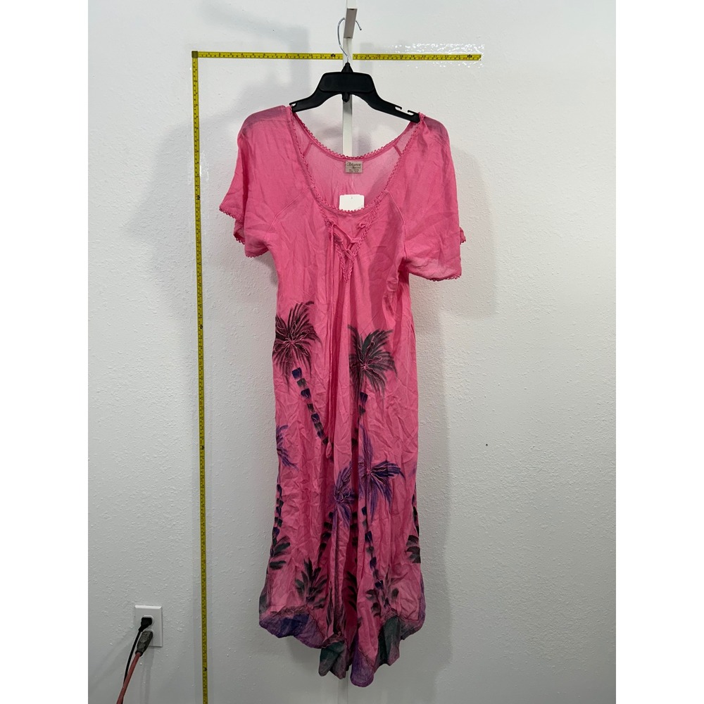 Advance Apparels Pink Palm Tree Rayon Lace Up Midi Dress One Size NEW